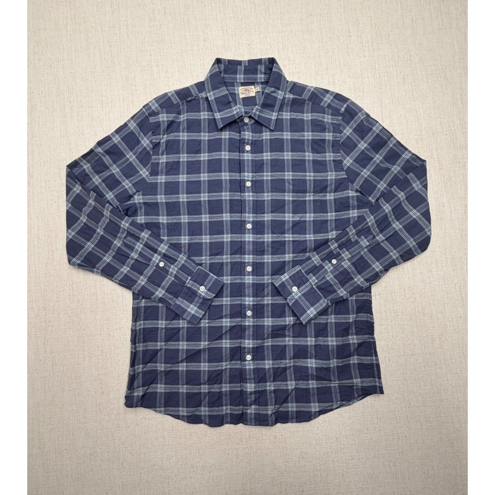 Faherty Brand Mens Blue Plaid Cotton Linen Blend Button Down Shirt Large RN14047